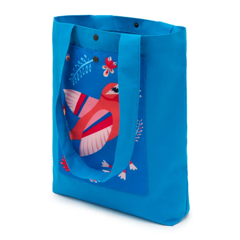 Blaue Tasche mit Vogelmotiv – Vollfarbdruck